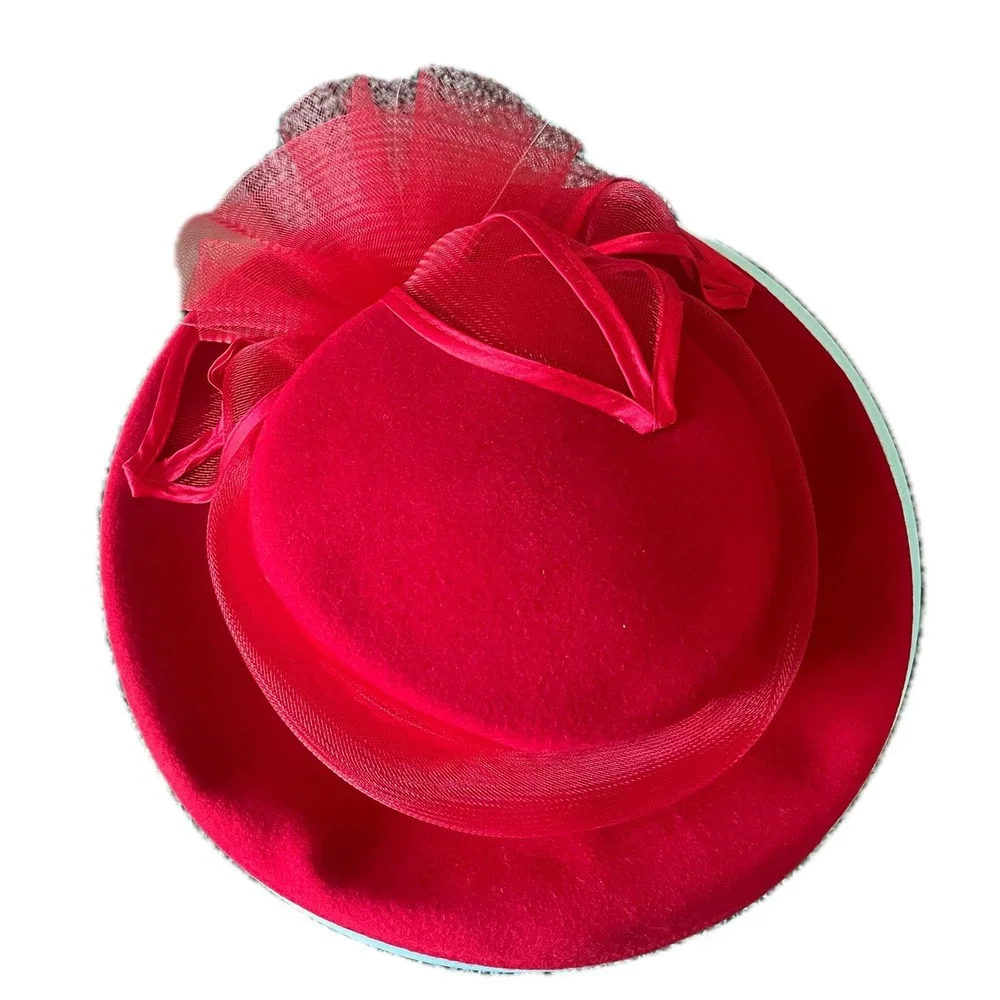 Vintage 60s Red Wool Pillbox-Style Hat Rose Fascinator Trim Fall Winter Chic